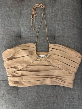 Zara Beige Pleated Spaghetti Strap Blouse